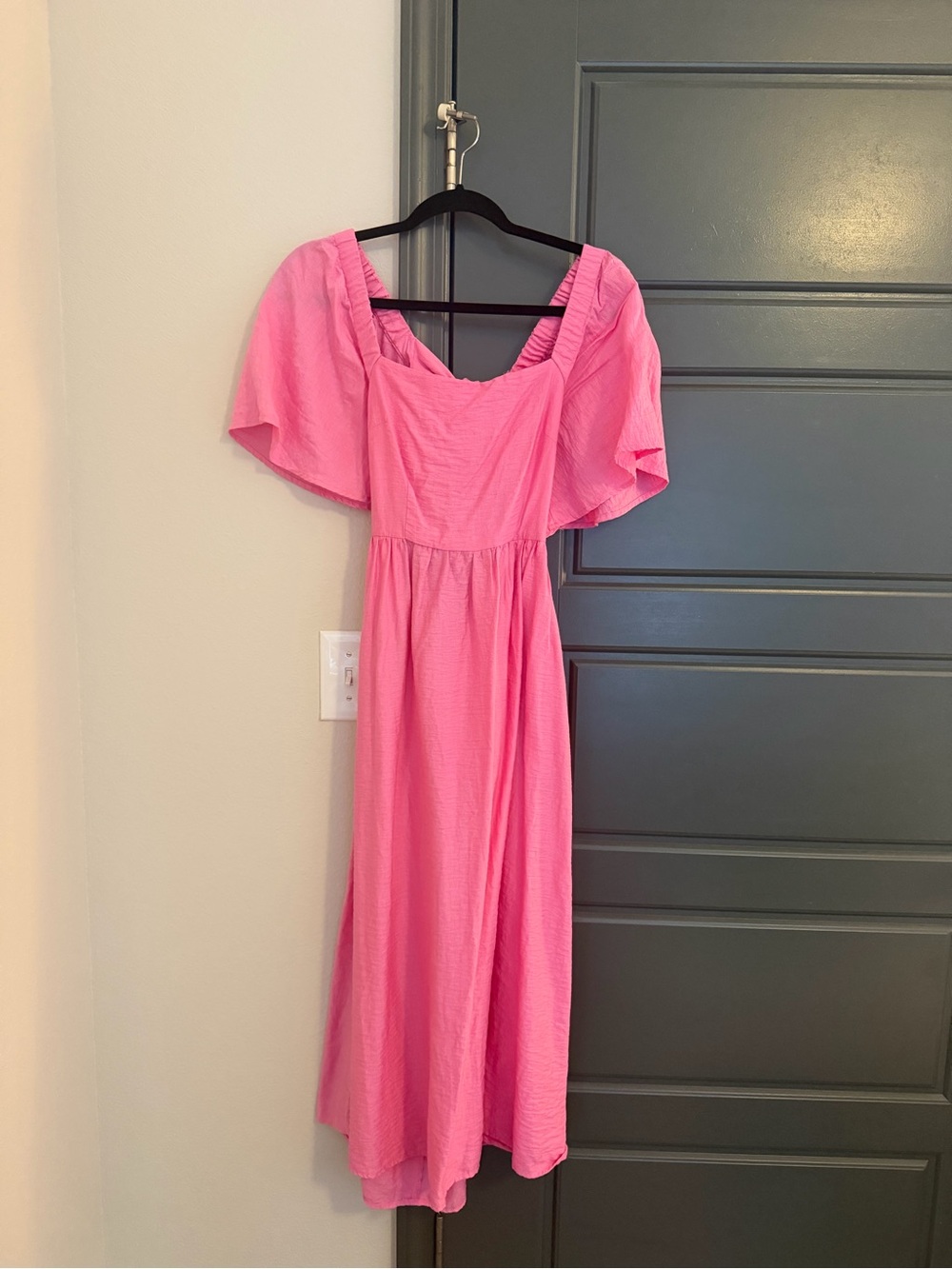 Target Pink Square-Neck Midi Dress with Flutter Sleeves